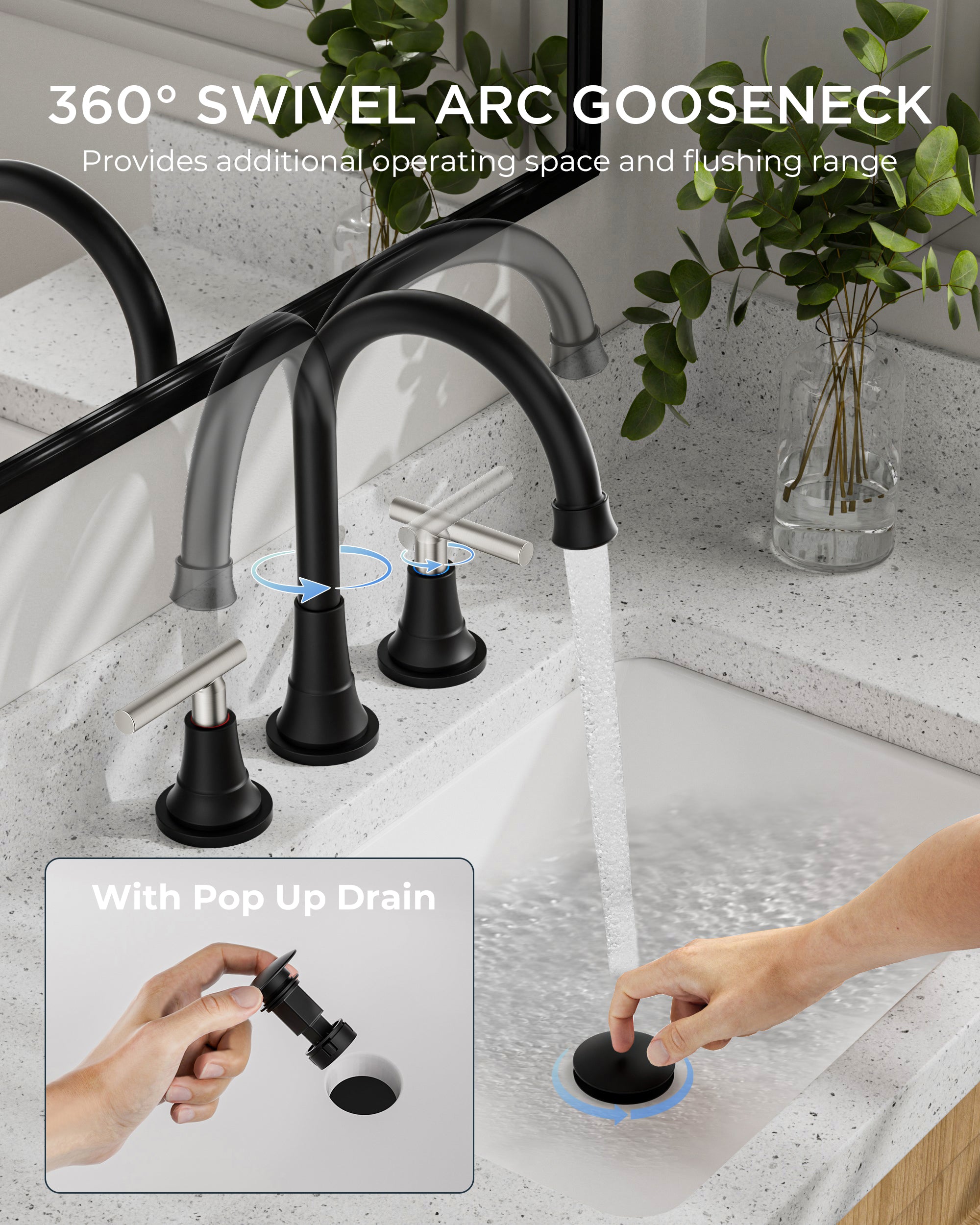 FORIOUS Bathroom Faucet 3 Hole with Pop-up Drain and Hose, Widespread Bathroom Sink Faucet with 360 ° Swivel Spout, Faucet for Bathroom Sink, Vanity