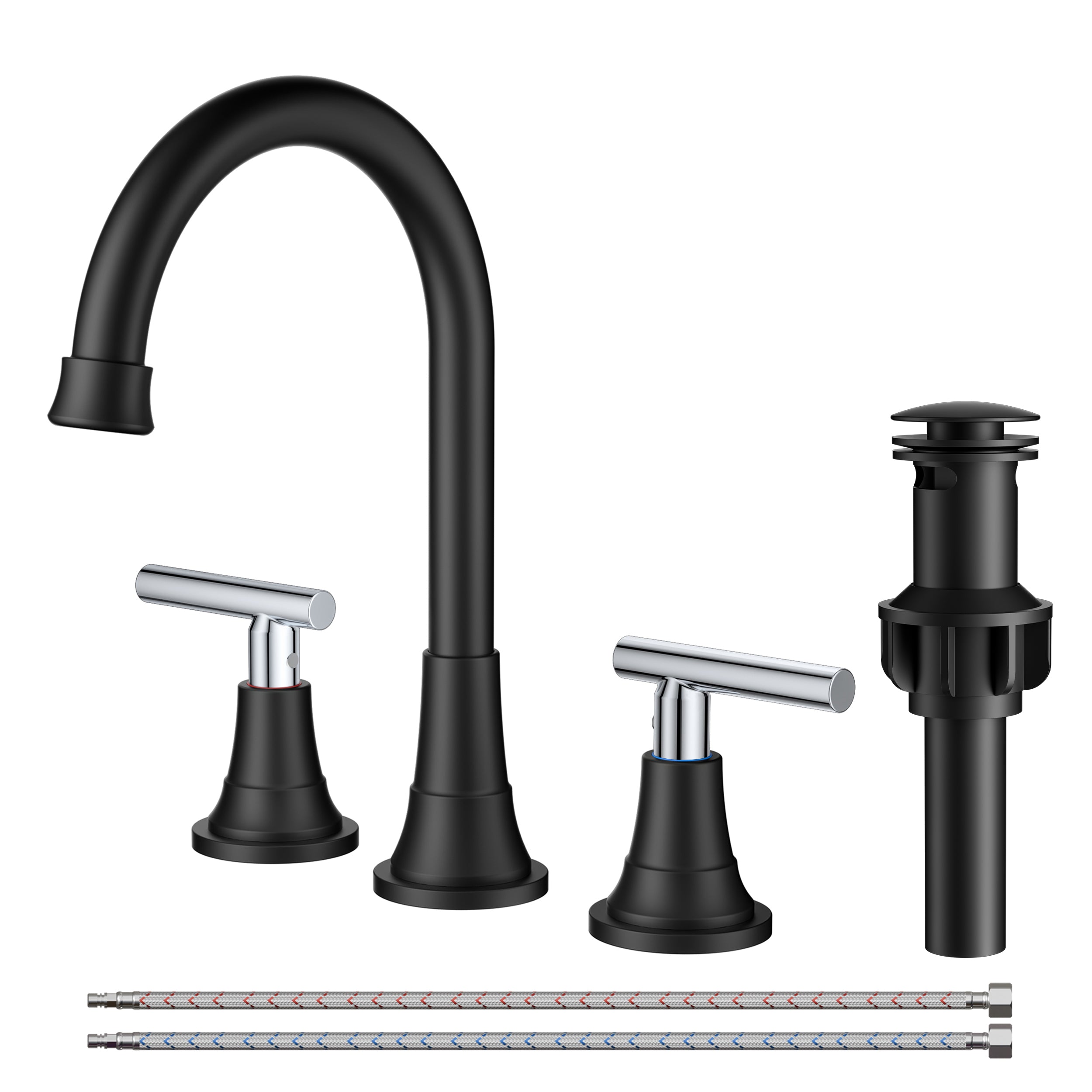 FORIOUS Bathroom Faucet 3 Hole with Pop-up Drain and Hose, Widespread Bathroom Sink Faucet with 360 ° Swivel Spout, Faucet for Bathroom Sink, Vanity