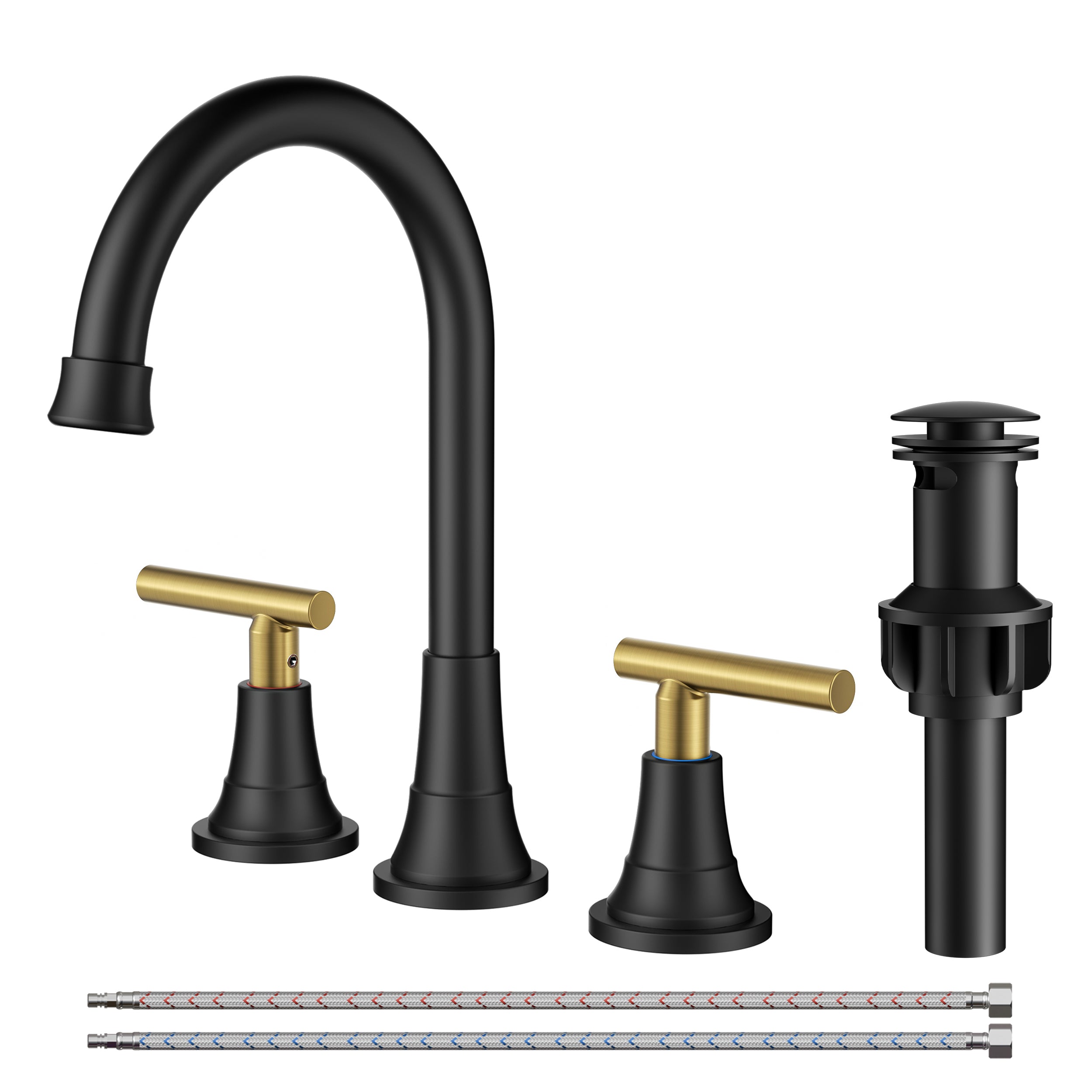 FORIOUS Bathroom Faucet 3 Hole with Pop-up Drain and Hose, Widespread Bathroom Sink Faucet with 360 ° Swivel Spout, Faucet for Bathroom Sink, Vanity