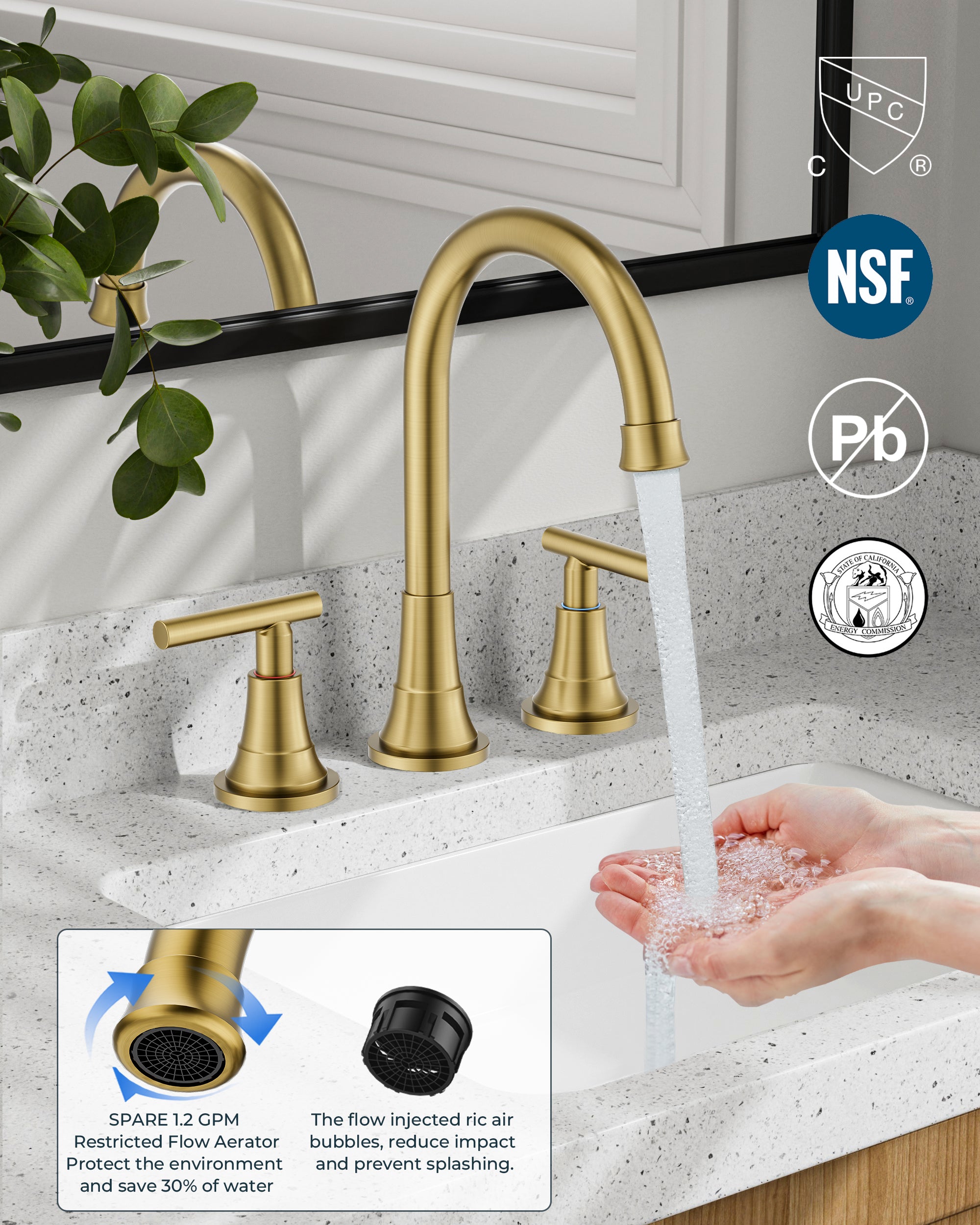 FORIOUS Bathroom Faucet 3 Hole with Pop-up Drain and Hose, Widespread Bathroom Sink Faucet with 360 ° Swivel Spout, Faucet for Bathroom Sink, Vanity