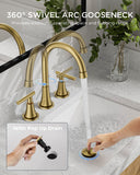 FORIOUS Bathroom Faucet 3 Hole with Pop-up Drain and Hose, Widespread Bathroom Sink Faucet with 360 ° Swivel Spout, Faucet for Bathroom Sink, Vanity