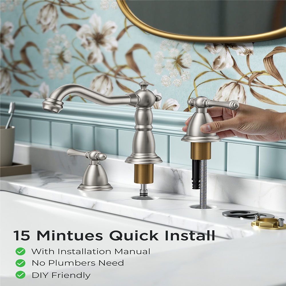 FORIOUS Brushed Nickel Bathroom Sink Faucet 3 Holes, 2 Handle Widepsread Antique Faucet for Bathroom Sink with Pop-Up Drain and Water Supplies for Commercial Vanity Lavatory Restroom Farmhouse