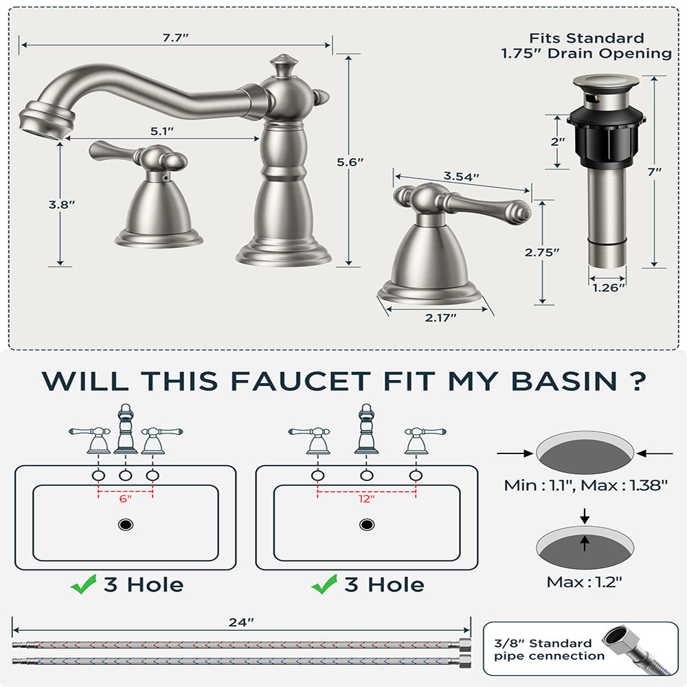FORIOUS Brushed Nickel Bathroom Sink Faucet 3 Holes, 2 Handle Widepsread Antique Faucet for Bathroom Sink with Pop-Up Drain and Water Supplies for Commercial Vanity Lavatory Restroom Farmhouse