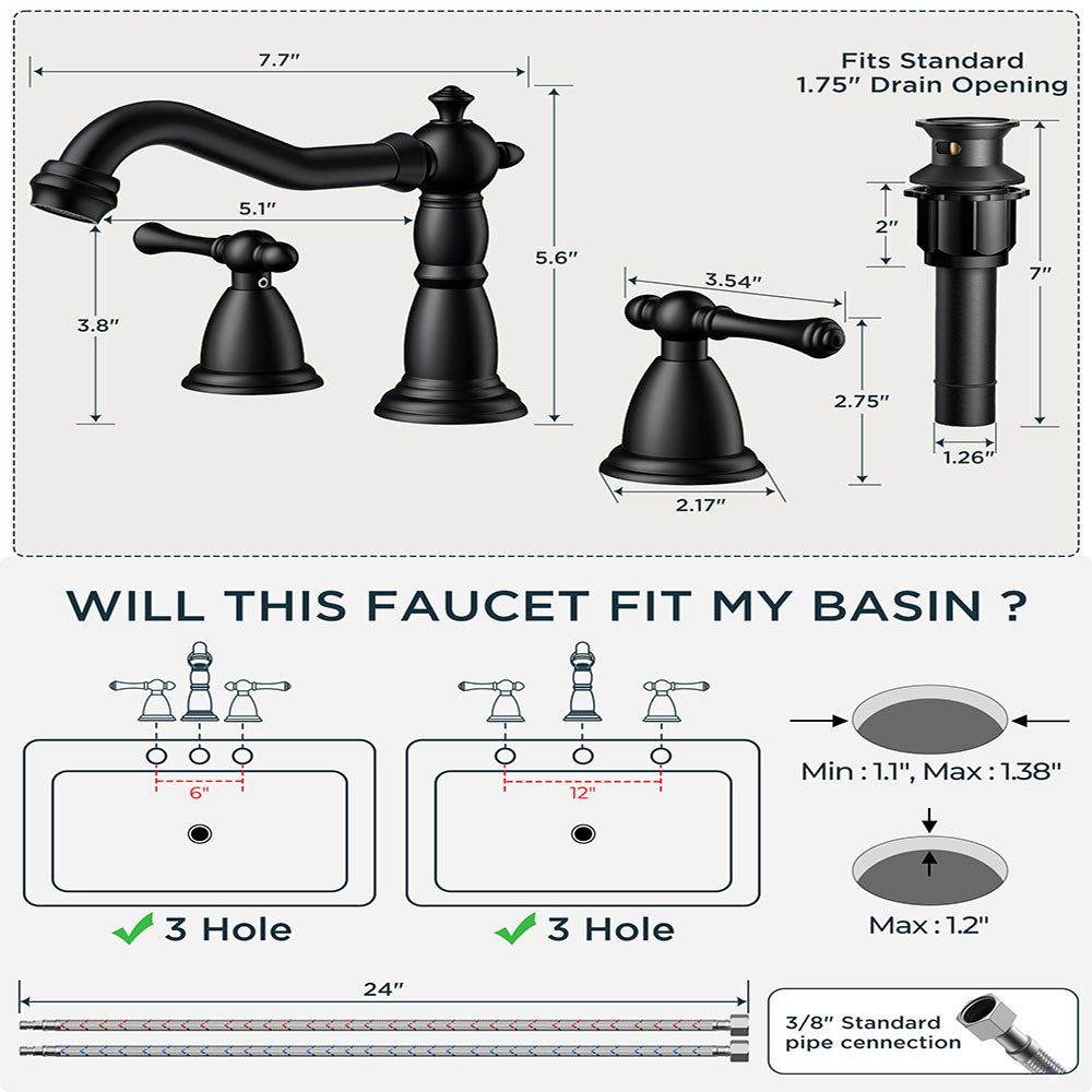 FORIOUS Brushed Nickel Bathroom Sink Faucet 3 Holes, 2 Handle Widepsread Antique Faucet for Bathroom Sink with Pop-Up Drain and Water Supplies for Commercial Vanity Lavatory Restroom Farmhouse