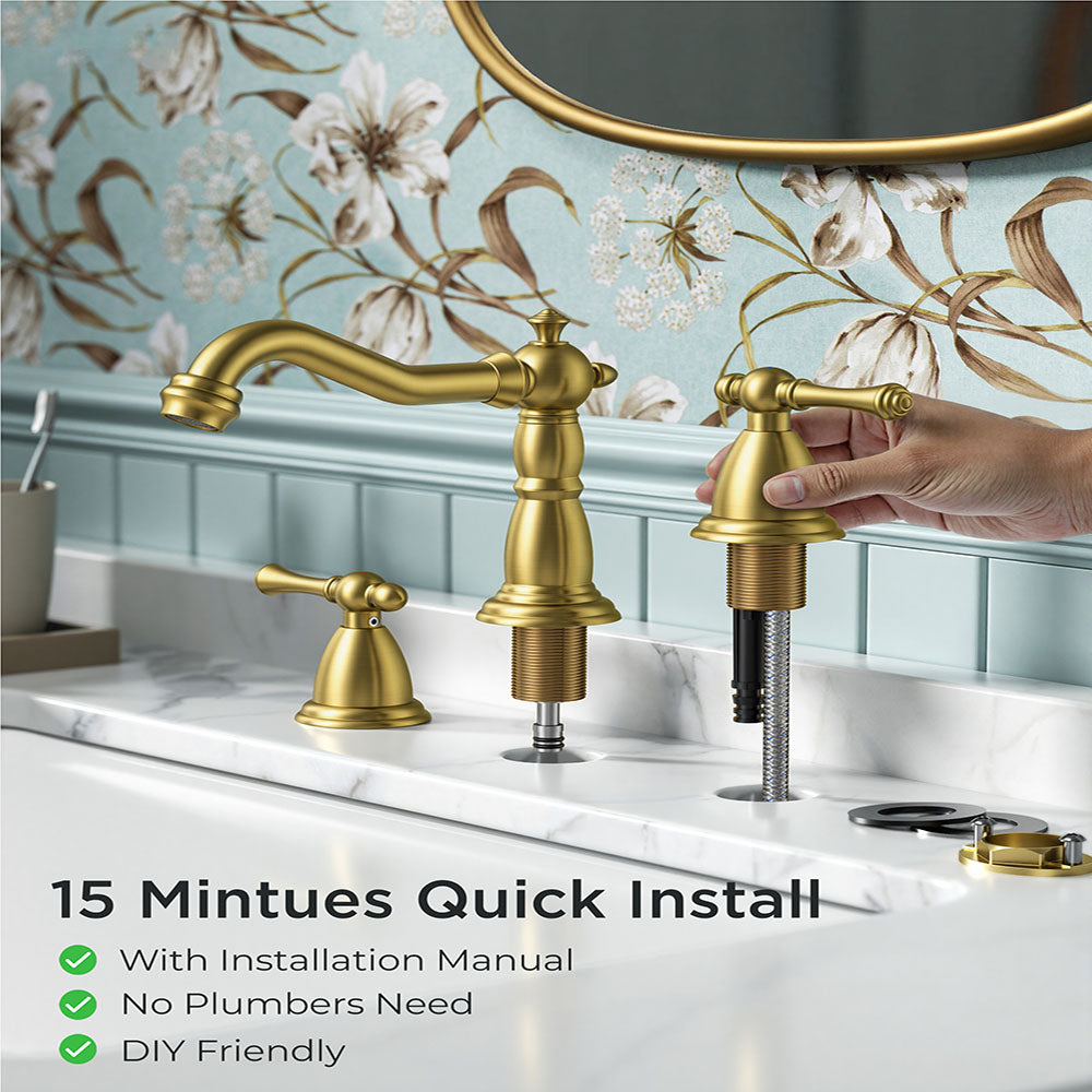 FORIOUS Brushed Nickel Bathroom Sink Faucet 3 Holes, 2 Handle Widepsread Antique Faucet for Bathroom Sink with Pop-Up Drain and Water Supplies for Commercial Vanity Lavatory Restroom Farmhouse