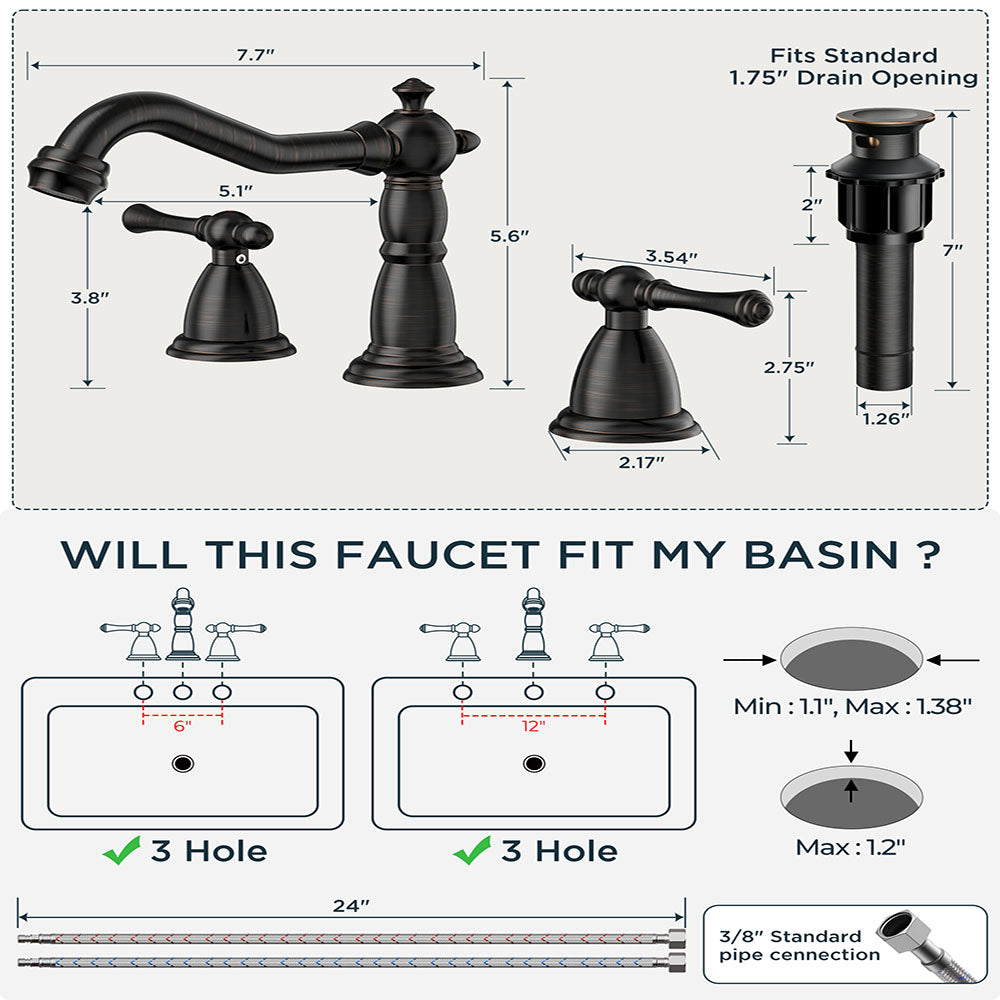 FORIOUS Brushed Nickel Bathroom Sink Faucet 3 Holes, 2 Handle Widepsread Antique Faucet for Bathroom Sink with Pop-Up Drain and Water Supplies for Commercial Vanity Lavatory Restroom Farmhouse