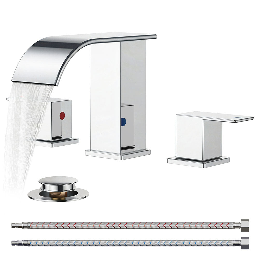 FORIOUS Brushed Gold Bathroom Faucets 3 Hole, Waterfall Square 8 Inch Widespread Bathroom Sink Faucet with Metal Pop-up Drain and Supply Lines, Two Handles for Vanity, RV, Farmhouse Remodel