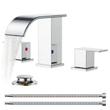 FORIOUS Brushed Gold Bathroom Faucets 3 Hole, Waterfall Square 8 Inch Widespread Bathroom Sink Faucet with Metal Pop-up Drain and Supply Lines, Two Handles for Vanity, RV, Farmhouse Remodel