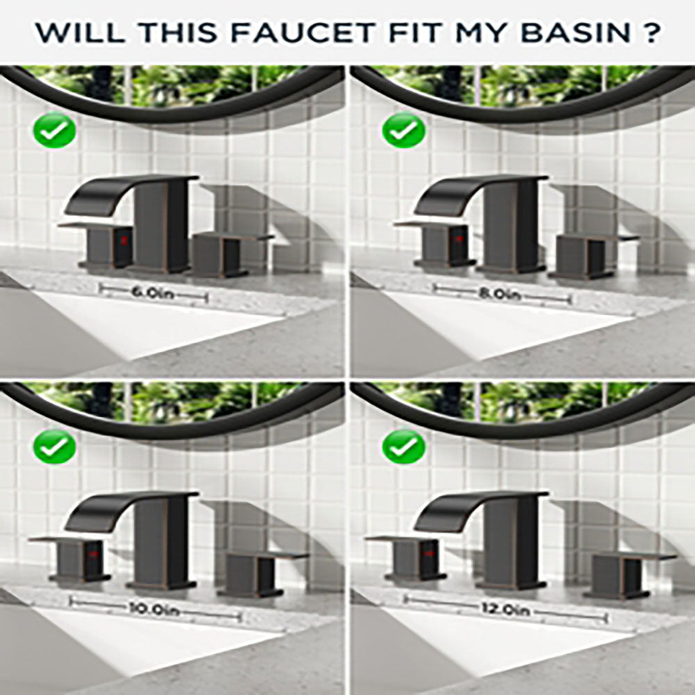 FORIOUS Brushed Gold Bathroom Faucets 3 Hole, Waterfall Square 8 Inch Widespread Bathroom Sink Faucet with Metal Pop-up Drain and Supply Lines, Two Handles for Vanity, RV, Farmhouse Remodel