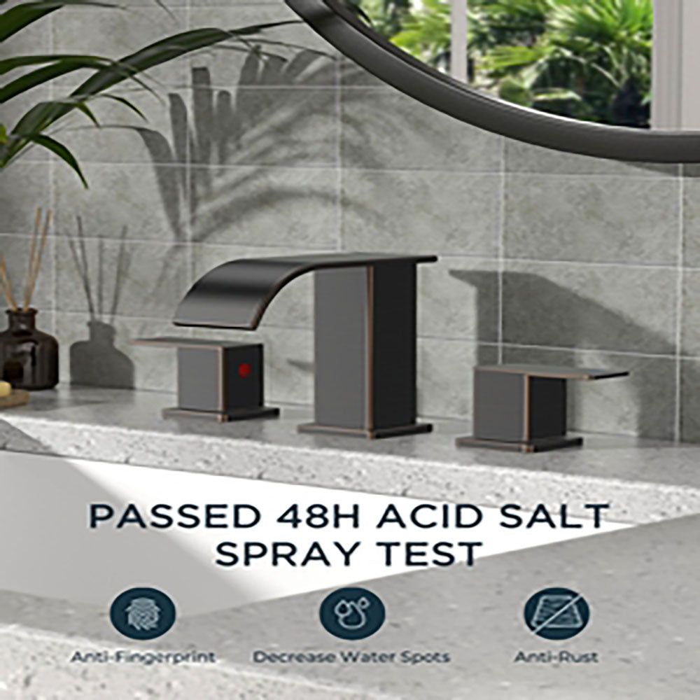 FORIOUS Brushed Gold Bathroom Faucets 3 Hole, Waterfall Square 8 Inch Widespread Bathroom Sink Faucet with Metal Pop-up Drain and Supply Lines, Two Handles for Vanity, RV, Farmhouse Remodel