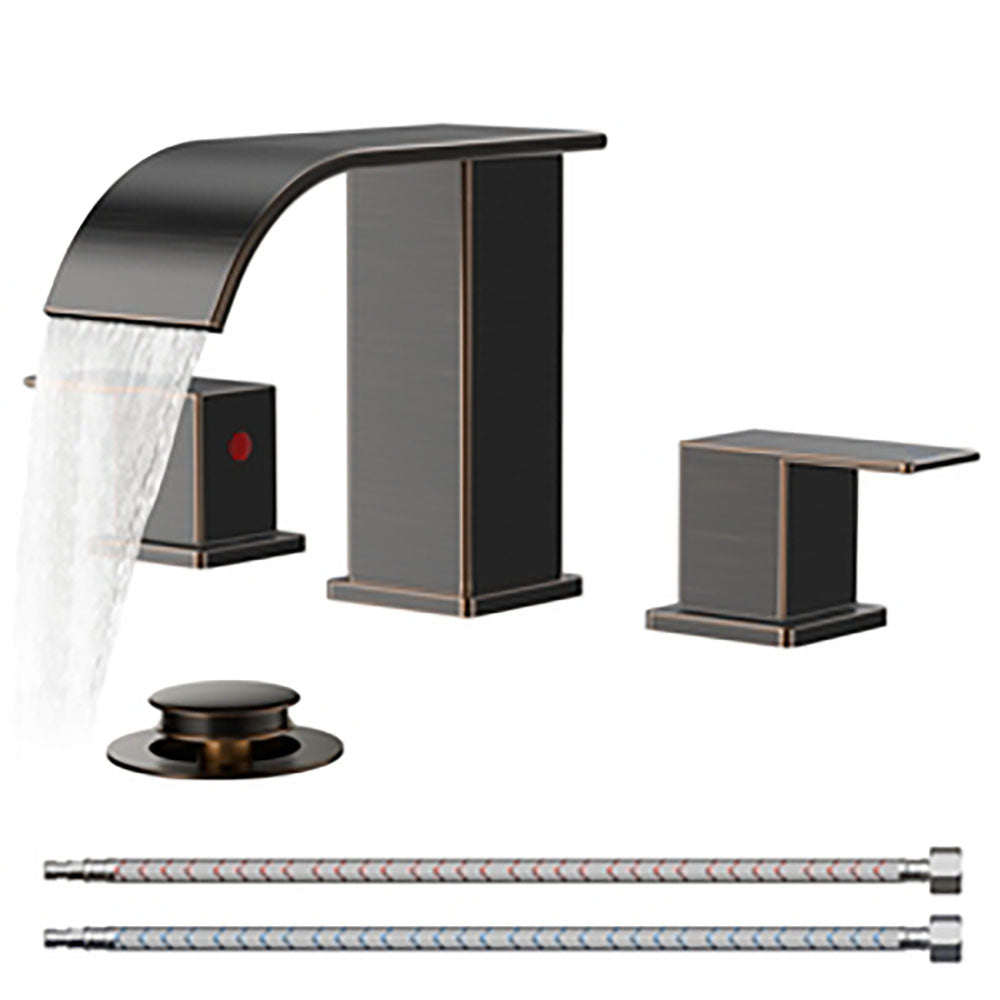 FORIOUS Brushed Gold Bathroom Faucets 3 Hole, Waterfall Square 8 Inch Widespread Bathroom Sink Faucet with Metal Pop-up Drain and Supply Lines, Two Handles for Vanity, RV, Farmhouse Remodel