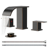 FORIOUS Brushed Gold Bathroom Faucets 3 Hole, Waterfall Square 8 Inch Widespread Bathroom Sink Faucet with Metal Pop-up Drain and Supply Lines, Two Handles for Vanity, RV, Farmhouse Remodel