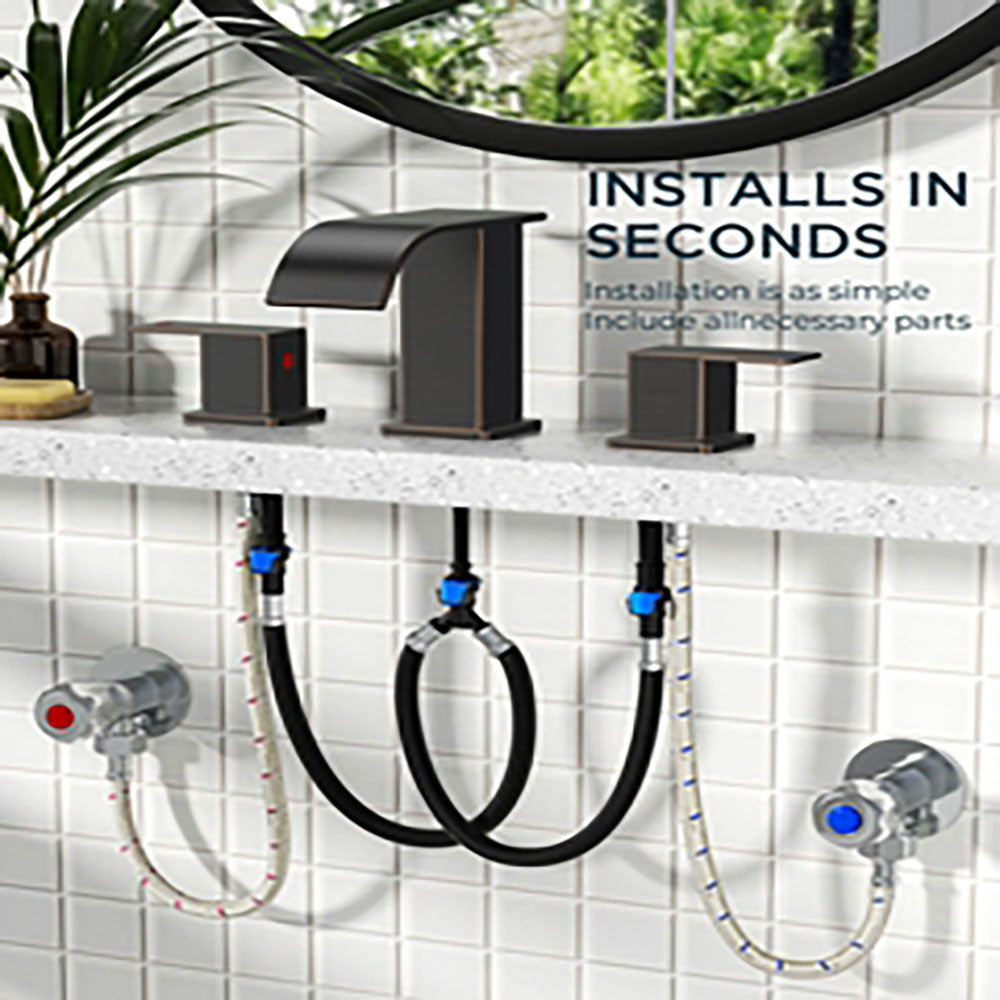 FORIOUS Brushed Gold Bathroom Faucets 3 Hole, Waterfall Square 8 Inch Widespread Bathroom Sink Faucet with Metal Pop-up Drain and Supply Lines, Two Handles for Vanity, RV, Farmhouse Remodel