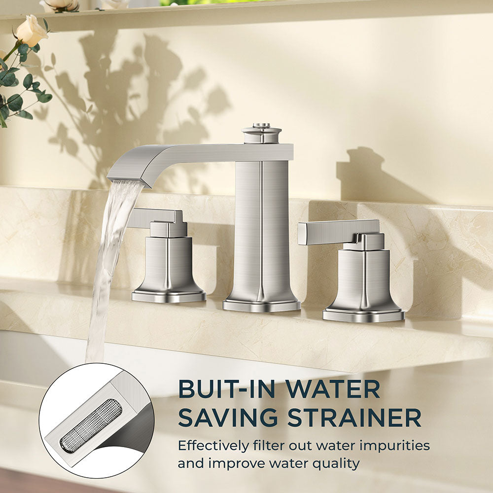 FORIOUS 3 Hole Sink Bathroom Faucet for Vanity with Metal Pop Up Drain, 8 Inch Widespread Bathroom Faucets 2-Handle, Elegant Mordern Waterfall Design