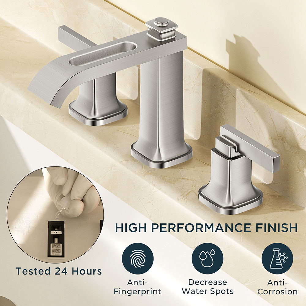 FORIOUS 3 Hole Sink Bathroom Faucet for Vanity with Metal Pop Up Drain, 8 Inch Widespread Bathroom Faucets 2-Handle, Elegant Mordern Waterfall Design