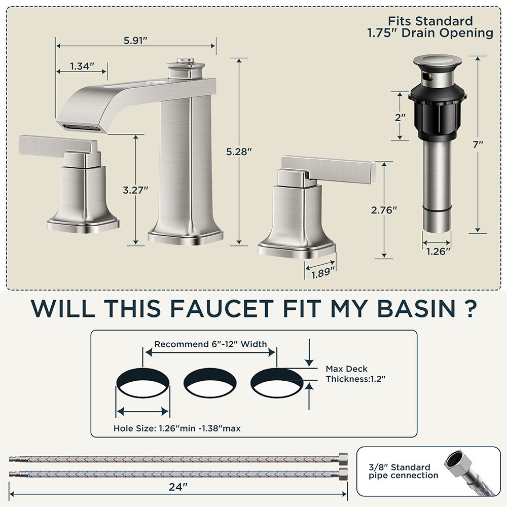 FORIOUS 3 Hole Sink Bathroom Faucet for Vanity with Metal Pop Up Drain, 8 Inch Widespread Bathroom Faucets 2-Handle, Elegant Mordern Waterfall Design