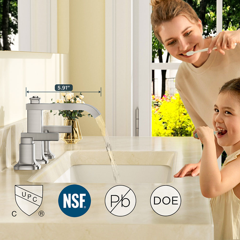 FORIOUS 3 Hole Sink Bathroom Faucet for Vanity with Metal Pop Up Drain, 8 Inch Widespread Bathroom Faucets 2-Handle, Elegant Mordern Waterfall Design