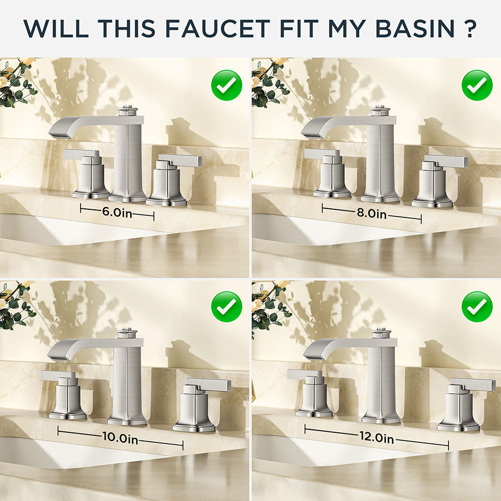 FORIOUS 3 Hole Sink Bathroom Faucet for Vanity with Metal Pop Up Drain, 8 Inch Widespread Bathroom Faucets 2-Handle, Elegant Mordern Waterfall Design