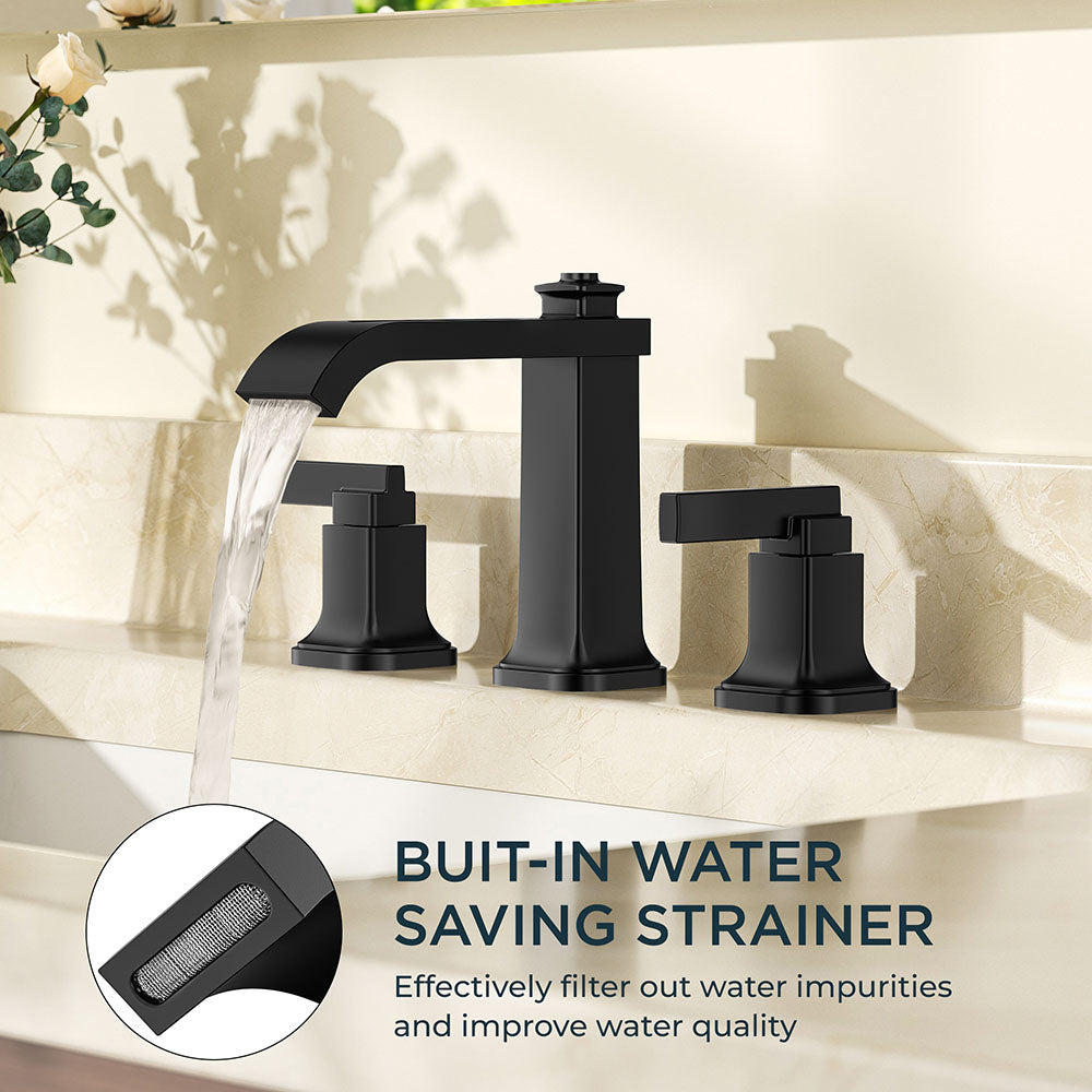FORIOUS 3 Hole Sink Bathroom Faucet for Vanity with Metal Pop Up Drain, 8 Inch Widespread Bathroom Faucets 2-Handle, Elegant Mordern Waterfall Design