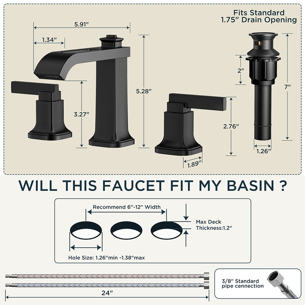 FORIOUS 3 Hole Sink Bathroom Faucet for Vanity with Metal Pop Up Drain, 8 Inch Widespread Bathroom Faucets 2-Handle, Elegant Mordern Waterfall Design