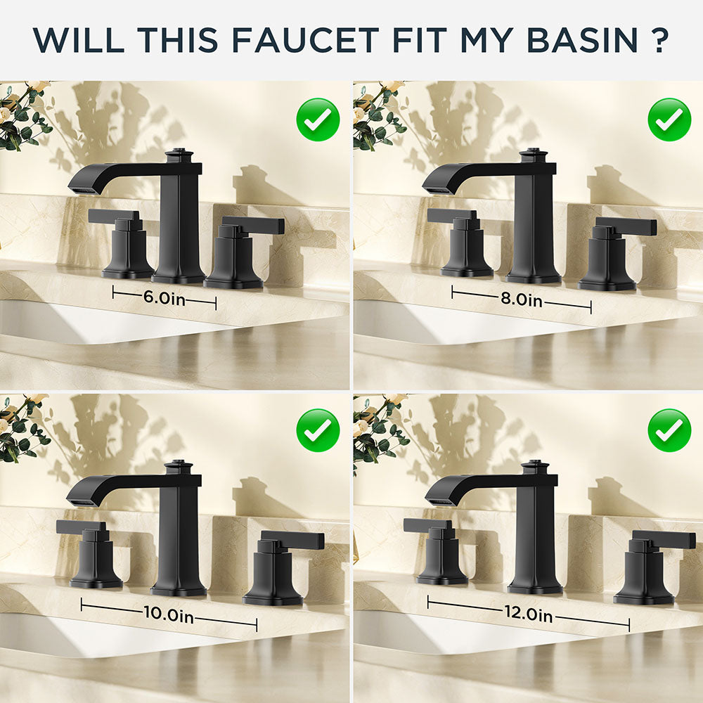 FORIOUS 3 Hole Sink Bathroom Faucet for Vanity with Metal Pop Up Drain, 8 Inch Widespread Bathroom Faucets 2-Handle, Elegant Mordern Waterfall Design