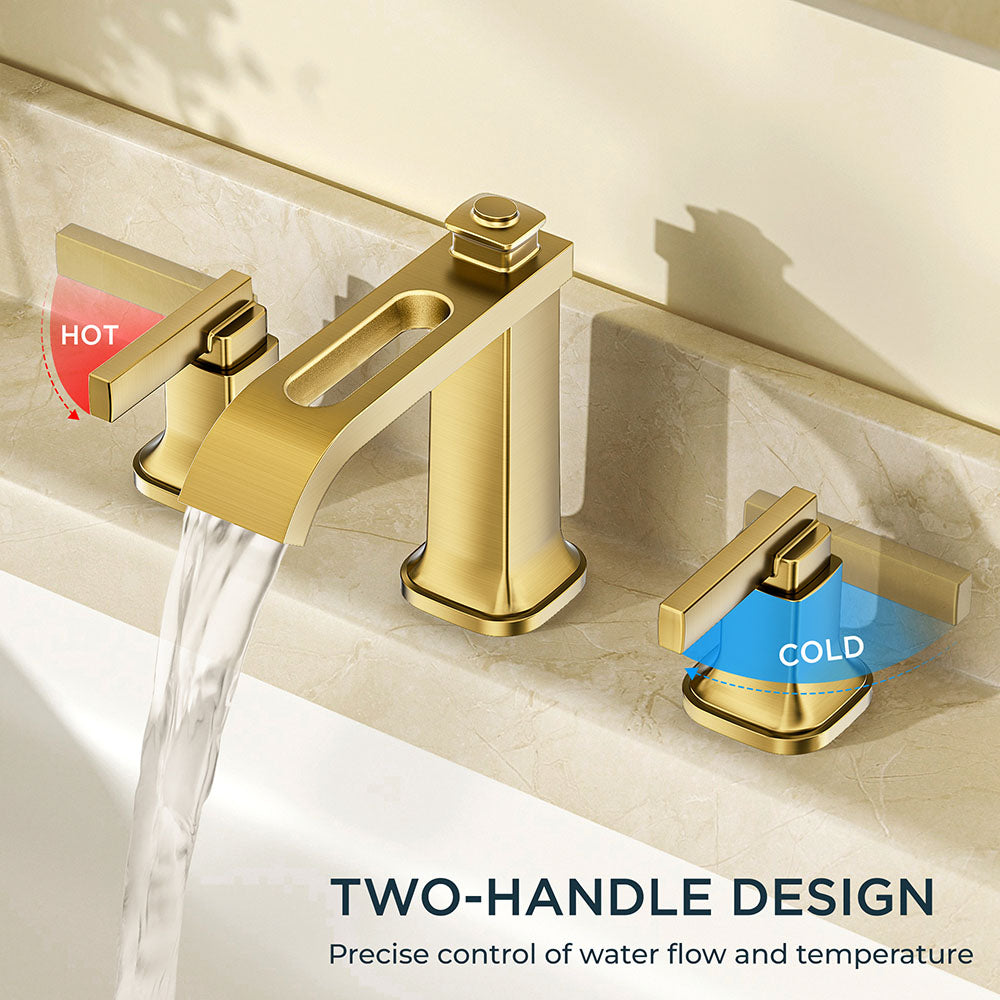 FORIOUS 3 Hole Sink Bathroom Faucet for Vanity with Metal Pop Up Drain, 8 Inch Widespread Bathroom Faucets 2-Handle, Elegant Mordern Waterfall Design