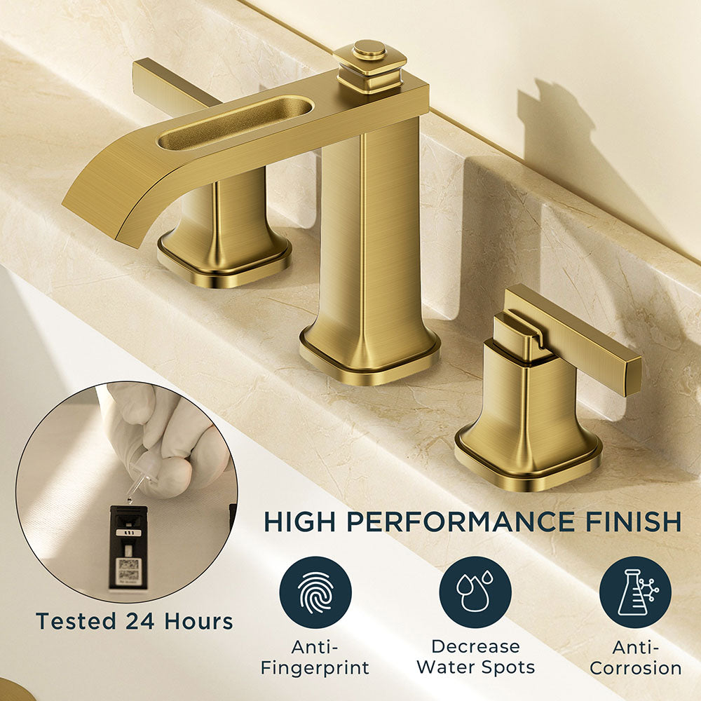 FORIOUS 3 Hole Sink Bathroom Faucet for Vanity with Metal Pop Up Drain, 8 Inch Widespread Bathroom Faucets 2-Handle, Elegant Mordern Waterfall Design