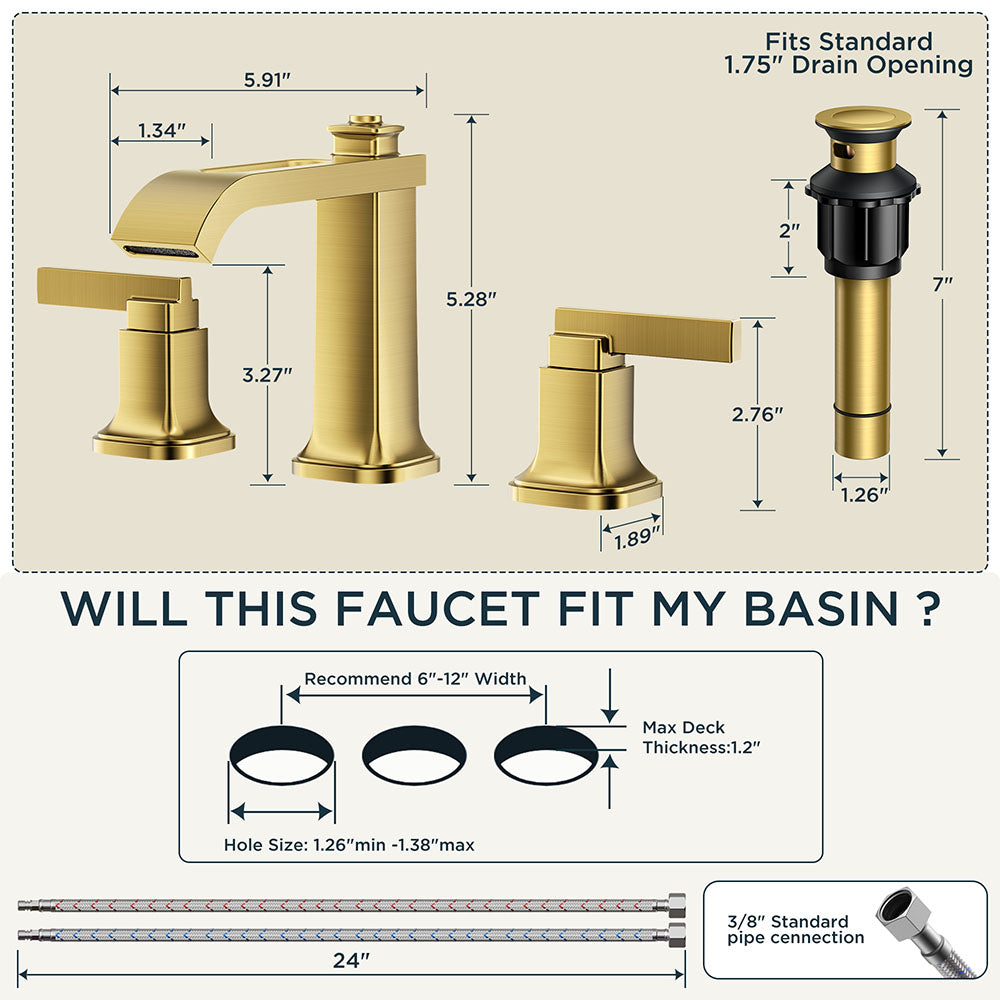 FORIOUS 3 Hole Sink Bathroom Faucet for Vanity with Metal Pop Up Drain, 8 Inch Widespread Bathroom Faucets 2-Handle, Elegant Mordern Waterfall Design