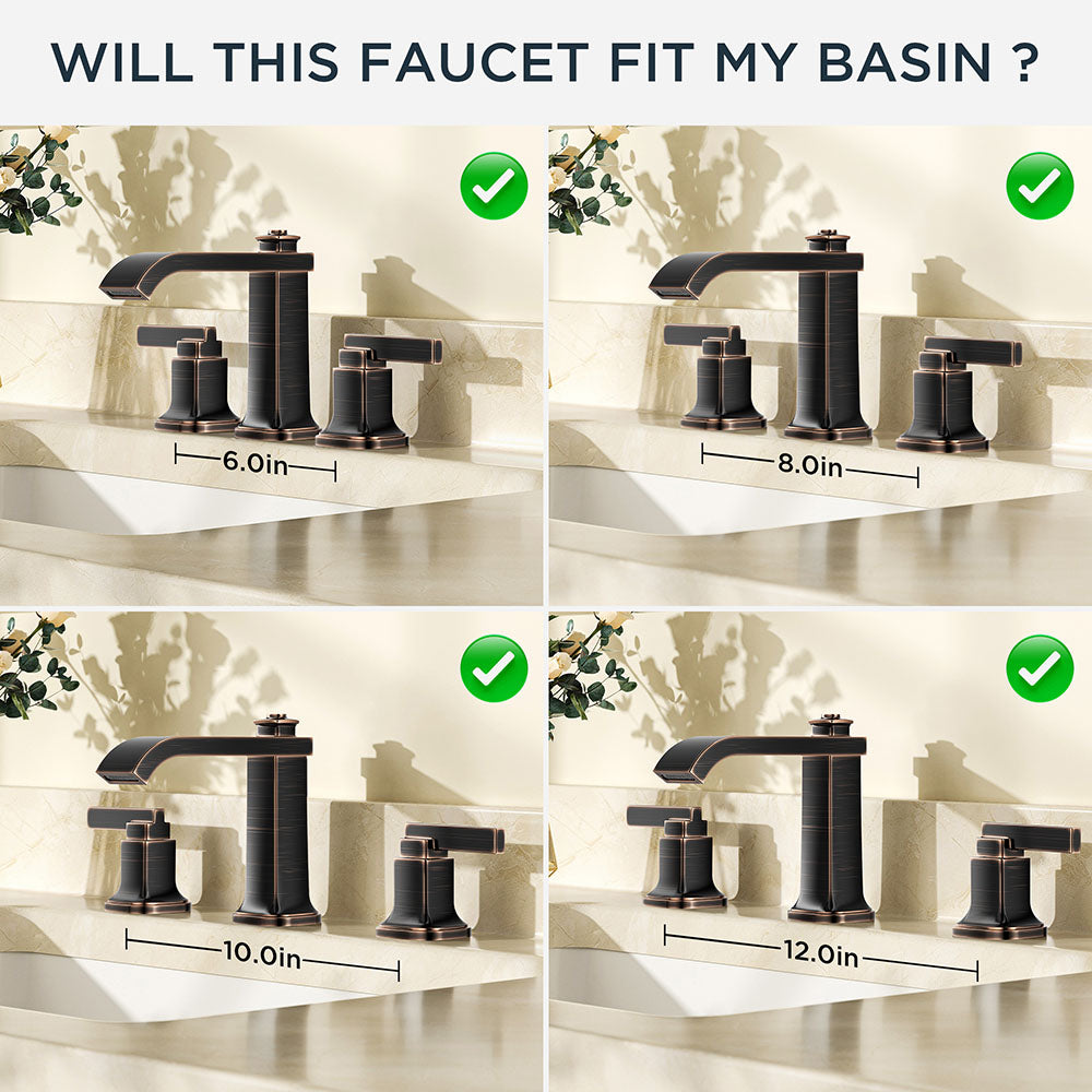FORIOUS 3 Hole Sink Bathroom Faucet for Vanity with Metal Pop Up Drain, 8 Inch Widespread Bathroom Faucets 2-Handle, Elegant Mordern Waterfall Design