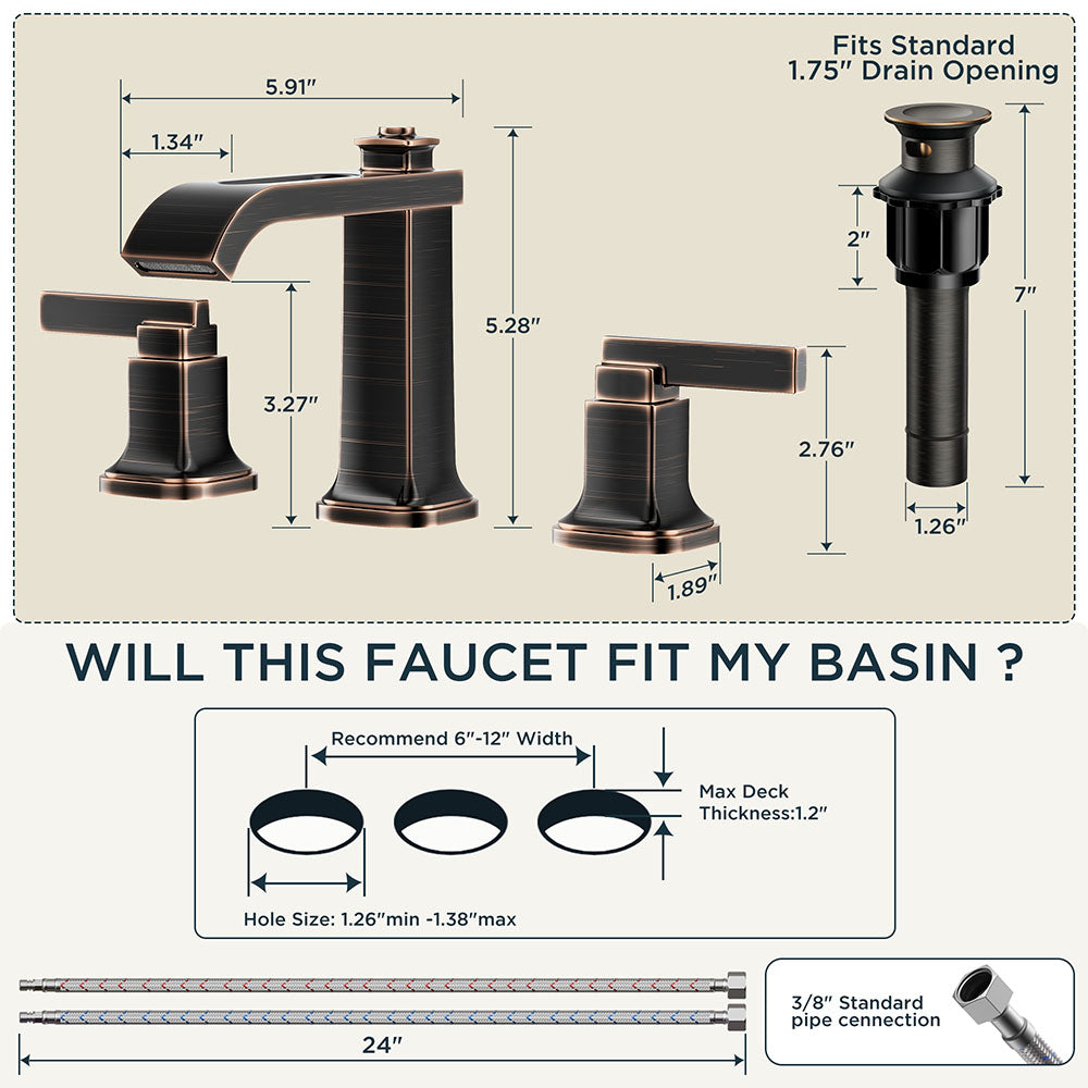 FORIOUS 3 Hole Sink Bathroom Faucet for Vanity with Metal Pop Up Drain, 8 Inch Widespread Bathroom Faucets 2-Handle, Elegant Mordern Waterfall Design