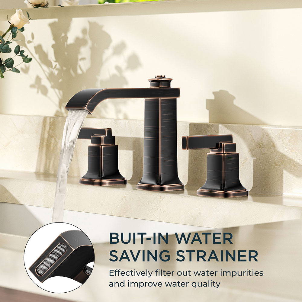 FORIOUS 3 Hole Sink Bathroom Faucet for Vanity with Metal Pop Up Drain, 8 Inch Widespread Bathroom Faucets 2-Handle, Elegant Mordern Waterfall Design