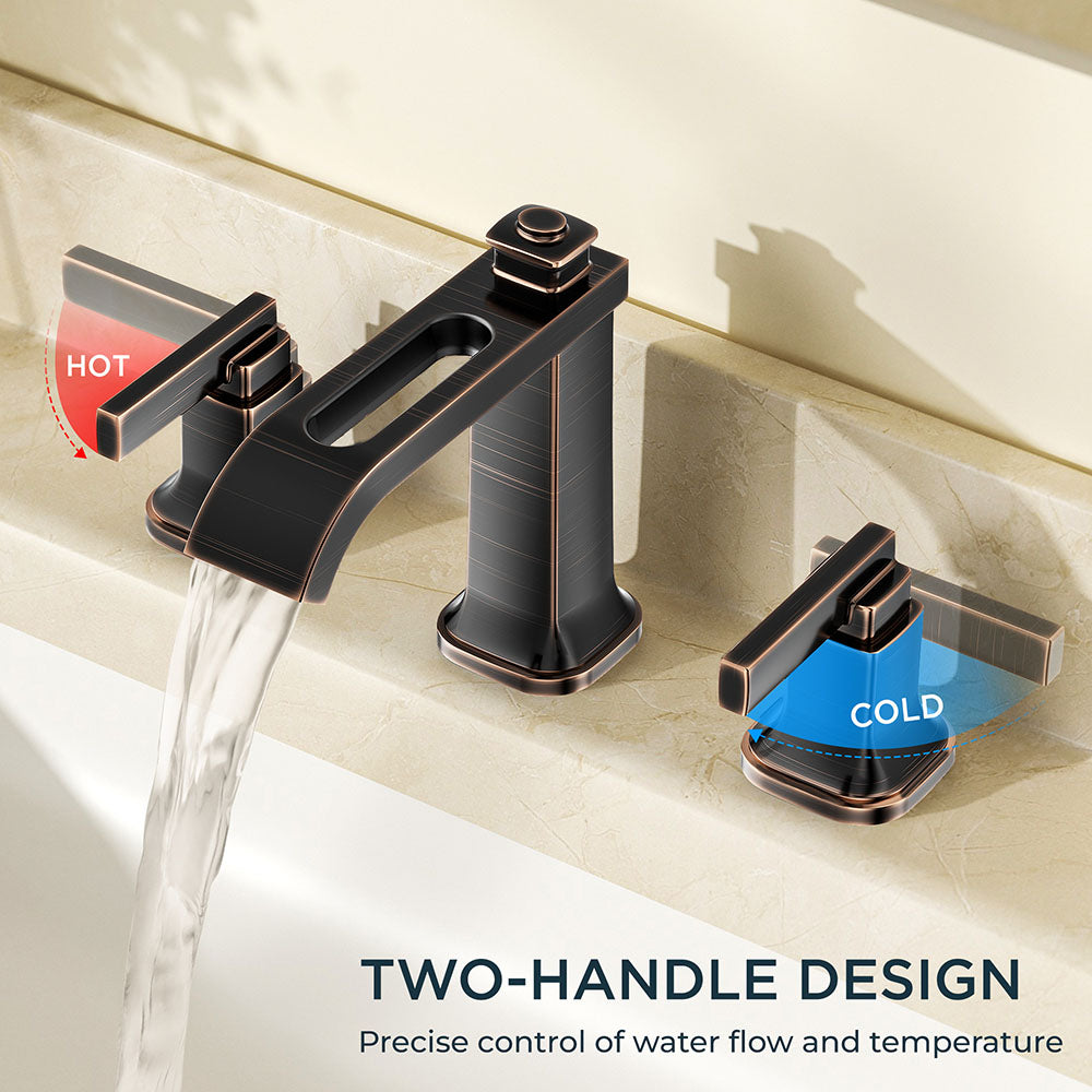 FORIOUS 3 Hole Sink Bathroom Faucet for Vanity with Metal Pop Up Drain, 8 Inch Widespread Bathroom Faucets 2-Handle, Elegant Mordern Waterfall Design