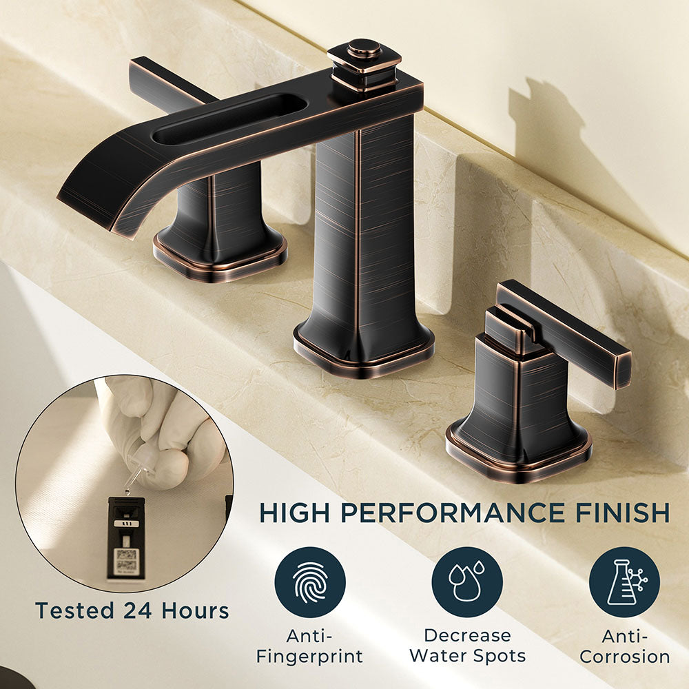 FORIOUS 3 Hole Sink Bathroom Faucet for Vanity with Metal Pop Up Drain, 8 Inch Widespread Bathroom Faucets 2-Handle, Elegant Mordern Waterfall Design