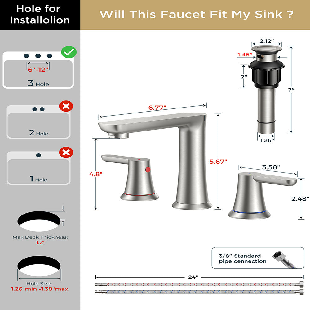 FORIOUSBathroom Faucet 3 Hole, Two Handle 8 Inch Widespread Bathroom Sink Faucet 3 Hole with Metal Pop-up Drain, cUPC Supply Lines and Water Saving Aerator for Vanity, or Commercial FB-03134