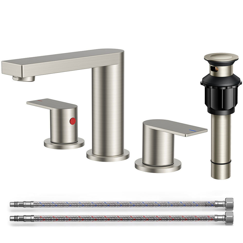 FORIOUS Chrome Bathroom Faucets 3 Hole, 8 Inch Widespread Bathroom Sink Faucet with Pop-up Drain and Cupc Supply Lines, 2-Handle for Vanity, Hotel