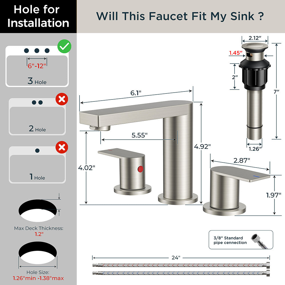 FORIOUS Chrome Bathroom Faucets 3 Hole, 8 Inch Widespread Bathroom Sink Faucet with Pop-up Drain and Cupc Supply Lines, 2-Handle for Vanity, Hotel