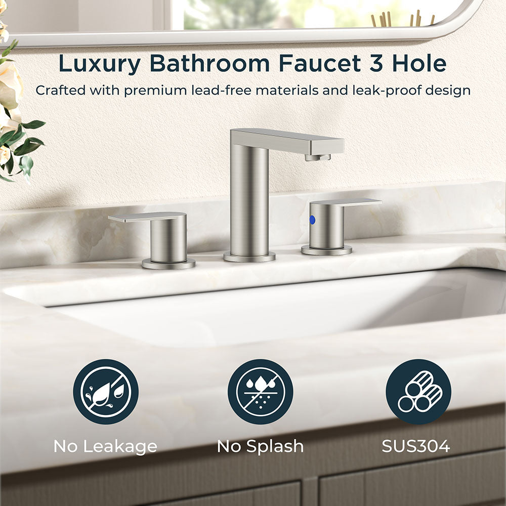 FORIOUS Chrome Bathroom Faucets 3 Hole, 8 Inch Widespread Bathroom Sink Faucet with Pop-up Drain and Cupc Supply Lines, 2-Handle for Vanity, Hotel