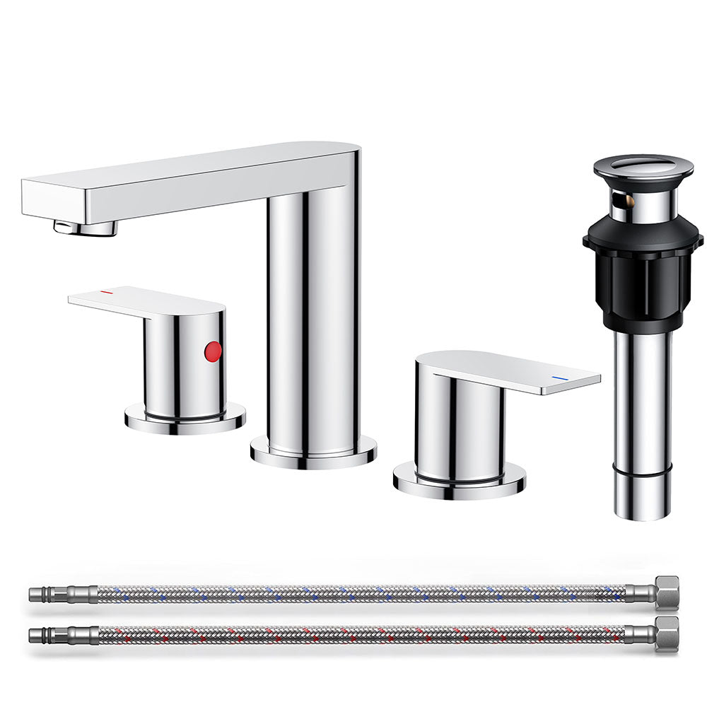 FORIOUS Chrome Bathroom Faucets 3 Hole, 8 Inch Widespread Bathroom Sink Faucet with Pop-up Drain and Cupc Supply Lines, 2-Handle for Vanity, Hotel