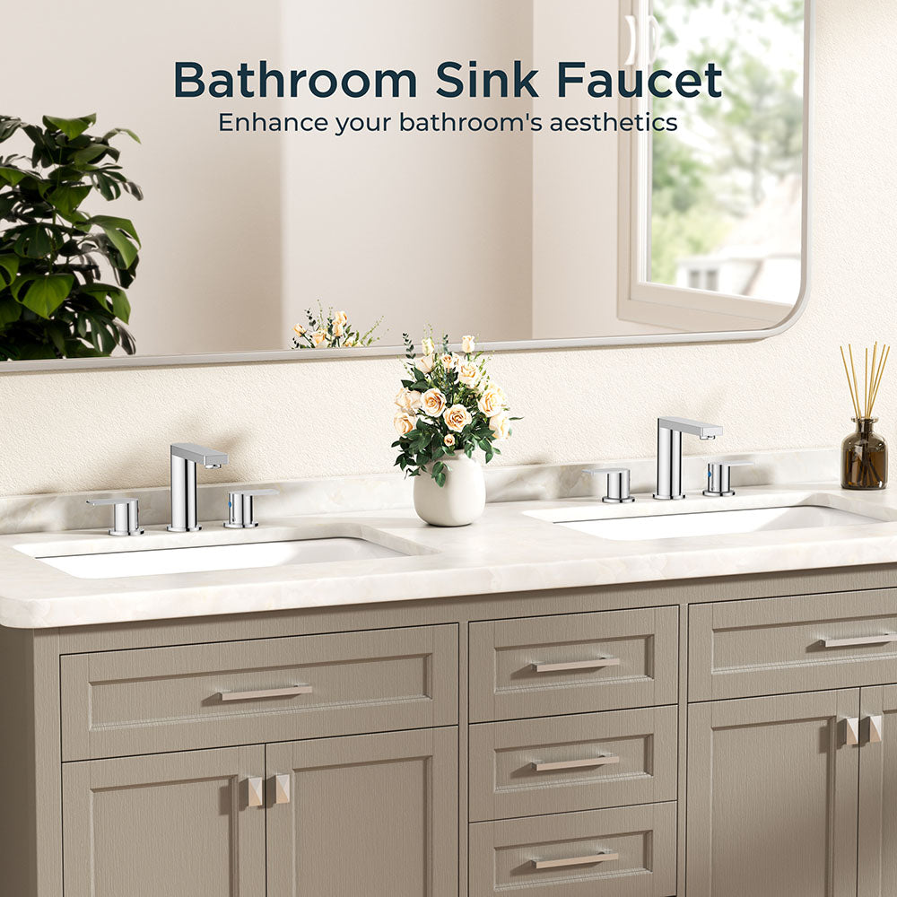 FORIOUS Chrome Bathroom Faucets 3 Hole, 8 Inch Widespread Bathroom Sink Faucet with Pop-up Drain and Cupc Supply Lines, 2-Handle for Vanity, Hotel