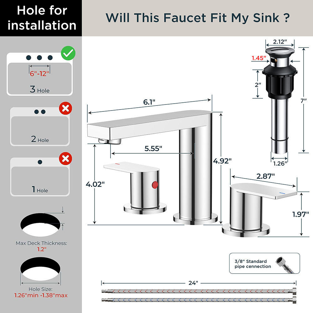 FORIOUS Chrome Bathroom Faucets 3 Hole, 8 Inch Widespread Bathroom Sink Faucet with Pop-up Drain and Cupc Supply Lines, 2-Handle for Vanity, Hotel
