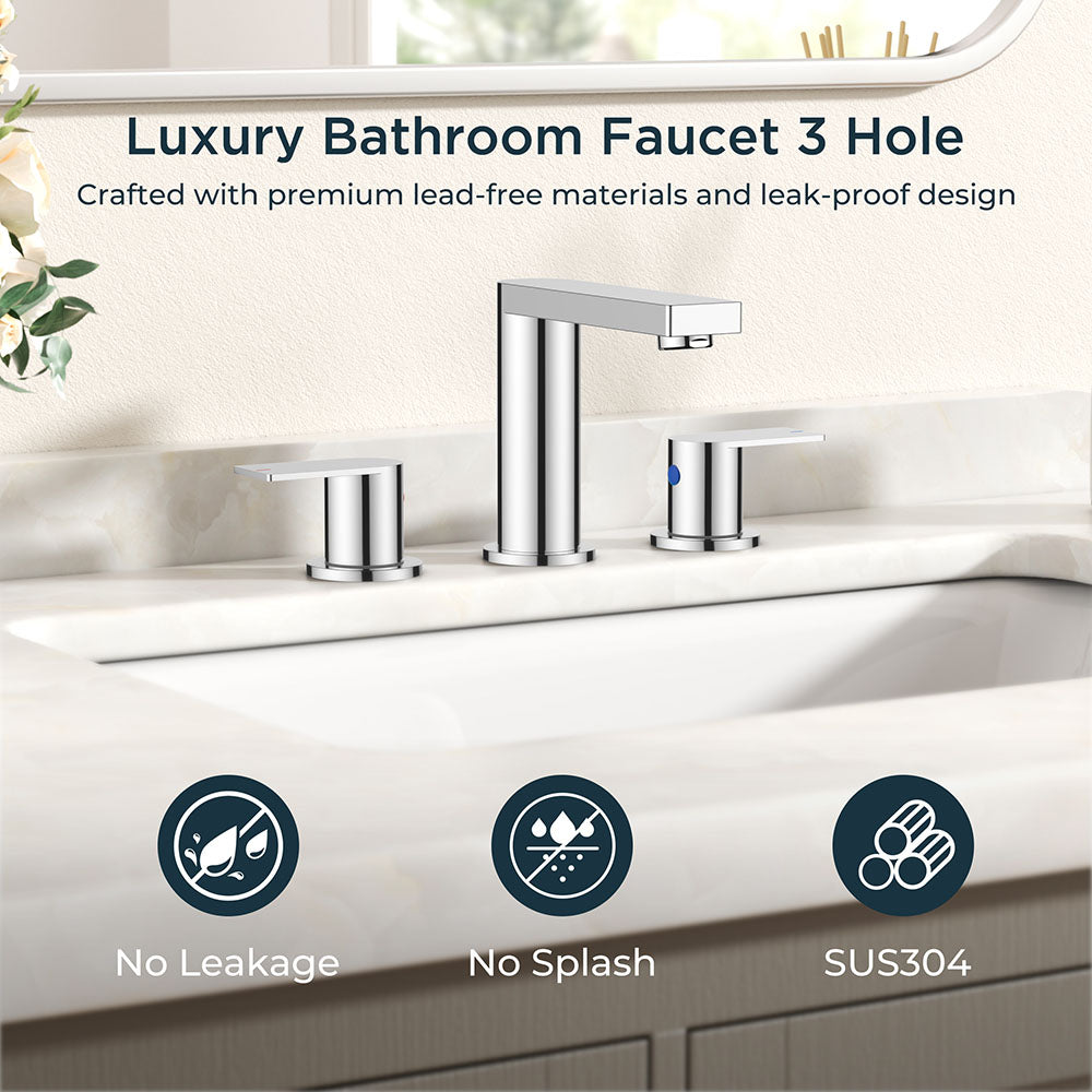 FORIOUS Chrome Bathroom Faucets 3 Hole, 8 Inch Widespread Bathroom Sink Faucet with Pop-up Drain and Cupc Supply Lines, 2-Handle for Vanity, Hotel