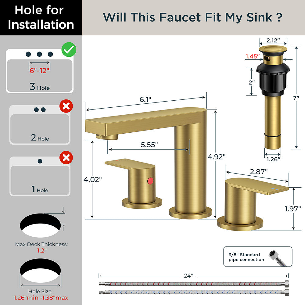FORIOUS Chrome Bathroom Faucets 3 Hole, 8 Inch Widespread Bathroom Sink Faucet with Pop-up Drain and Cupc Supply Lines, 2-Handle for Vanity, Hotel