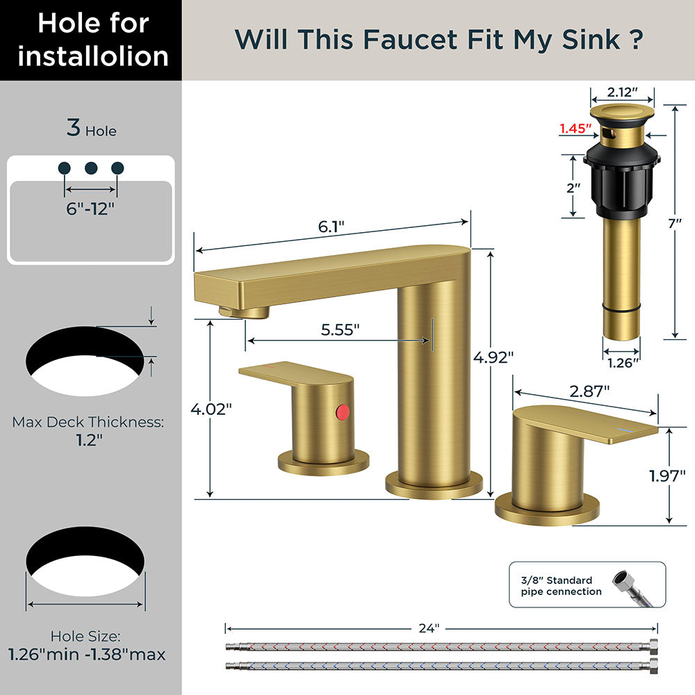 FORIOUS Chrome Bathroom Faucets 3 Hole, 8 Inch Widespread Bathroom Sink Faucet with Pop-up Drain and Cupc Supply Lines, 2-Handle for Vanity, Hotel