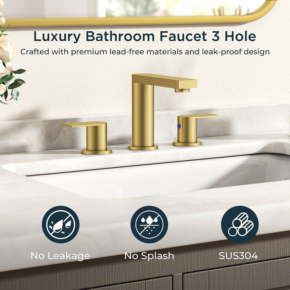 FORIOUS Chrome Bathroom Faucets 3 Hole, 8 Inch Widespread Bathroom Sink Faucet with Pop-up Drain and Cupc Supply Lines, 2-Handle for Vanity, Hotel