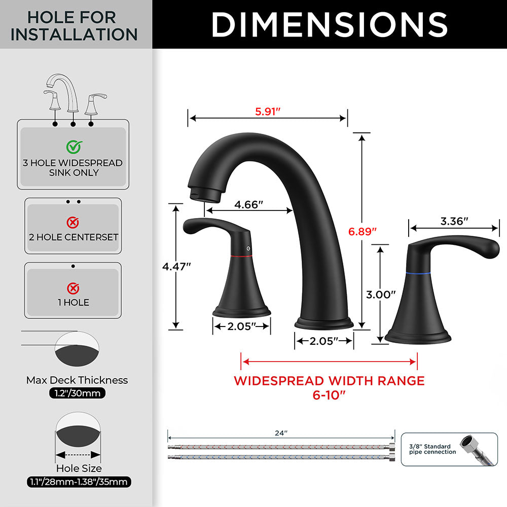 FORIOUS Black Bathroom Faucet 3 Hole, Widespread Bathroom Sink Faucet 8 Inch with Pop Up Drain and CUPC Supply Hose, 2 Handle for Vanity Rv Commercial Lavatory Restroom