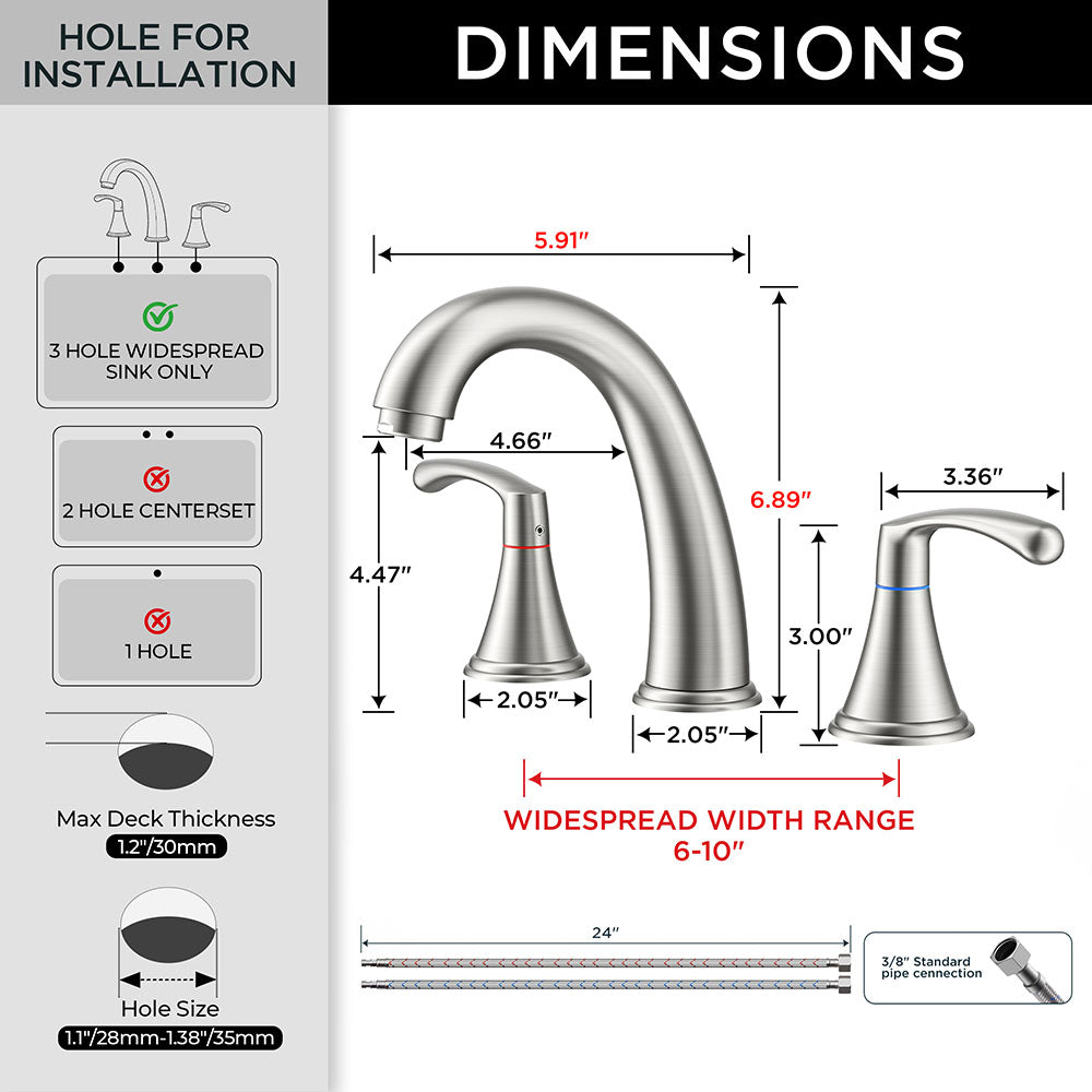 FORIOUS Black Bathroom Faucet 3 Hole, Widespread Bathroom Sink Faucet 8 Inch with Pop Up Drain and CUPC Supply Hose, 2 Handle for Vanity Rv Commercial Lavatory Restroom