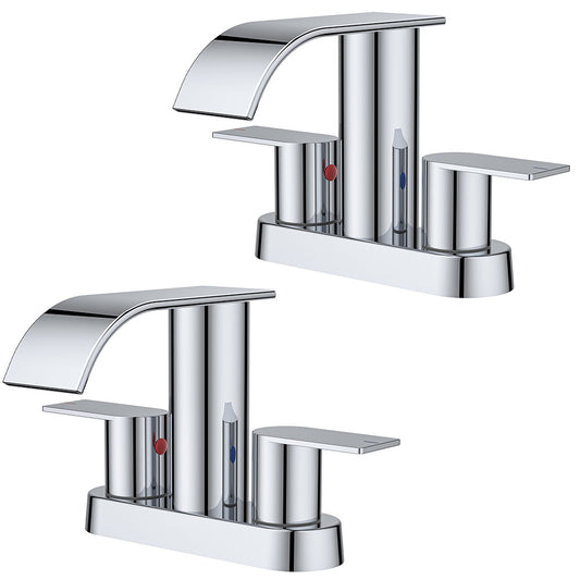 FORIOUS Matte Black Bathroom Faucets, Waterfall 4 Inch Centerset Bathroom Sink Faucet with Metal Pop up Drain and cUPC Hose for Basin, Vanity, RV, Pedestal 2 or 3 Hole Sink, 2 Pack