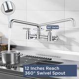 FORIOUS Wall Mount Kitchen Faucet, Adjustable 8" Center Commercial Chrome | No-Lead Stainless Steel Kitchen Sink Faucet, 12 Inch 360° Swivel Spout, 2 Handle for Utility Laundry Room Restaurant Outdoor