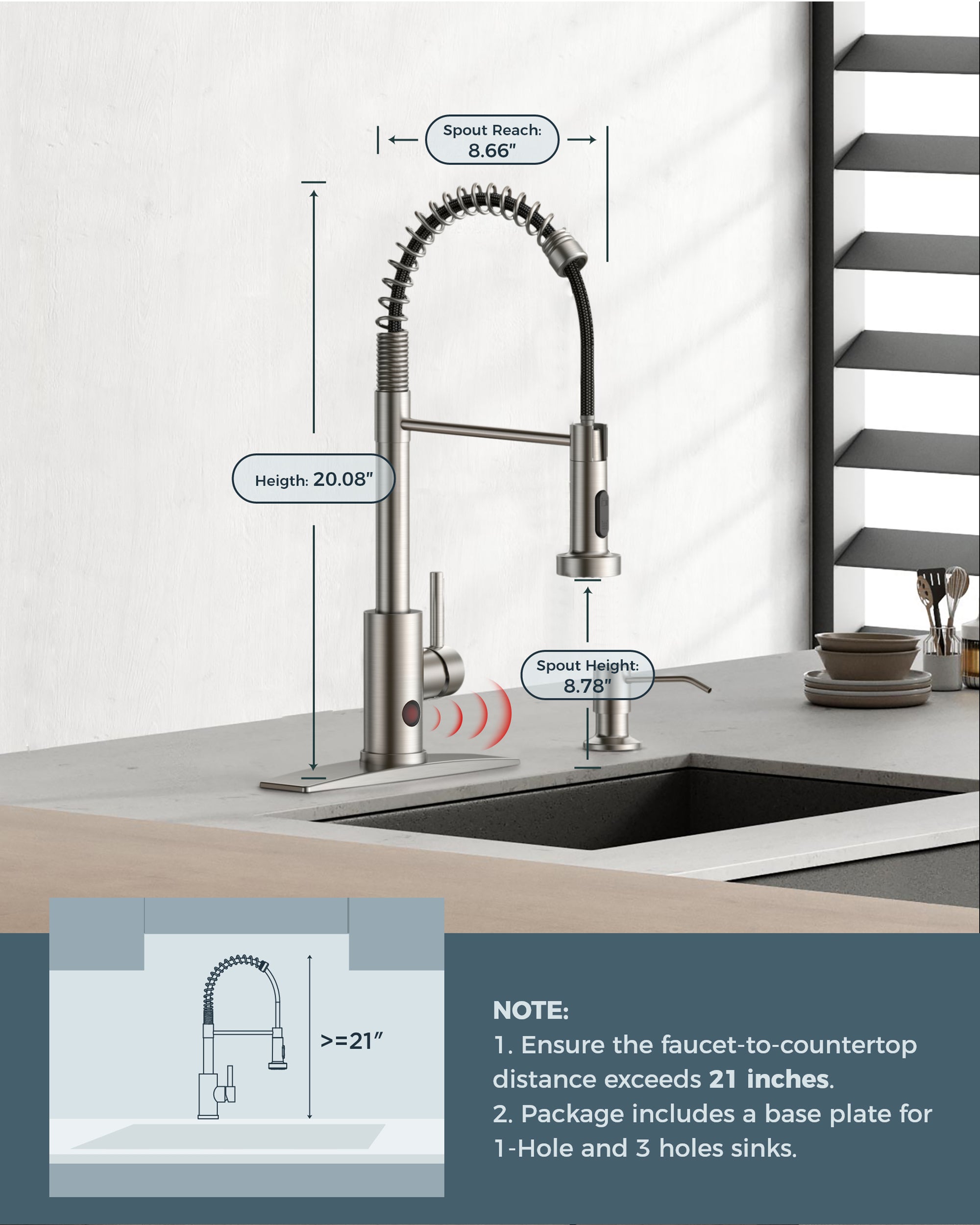 FORIOUS Kitchen Faucet with Pull Down Sprayer 1 or 3 Hole for Farmhouse with soap dispenser，led light