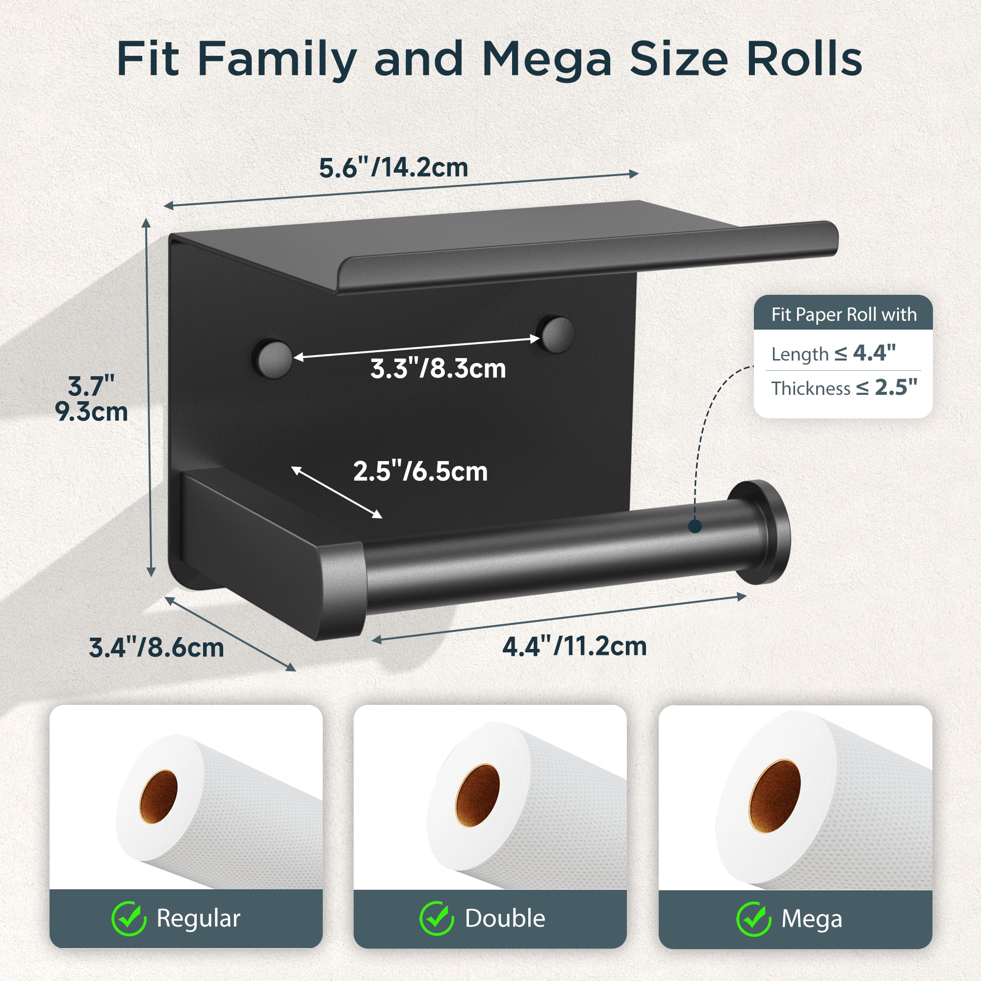 FORIOUS Toilet Paper Holder with Shelf, Adhesive or Screw Wall Mount Toilet Roll Holder for Bathroom, Rustproof 304 Stainless Steel Commercial Toilet Tissue Holder with Storage, Matte Black